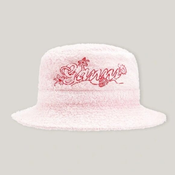 New GANNI Logo Embroidered Terrycloth Bucket Beach Hat Mary's Rose NWT Size XS/S - Picture 1 of 15